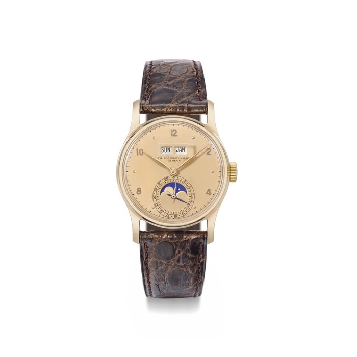 Patek Philippe. A fine, rare and attractive 18K pink gold perpetual calendar wristwatch with moon phases, rose-coloured dial and magnified day and date windows SIGNED PATEK PHILIPPE & CO., GENÈVE, REF. 1526, MOVEMENT NO. 962'257, CASE NO. 668'364, MANUFACTURED IN 1948