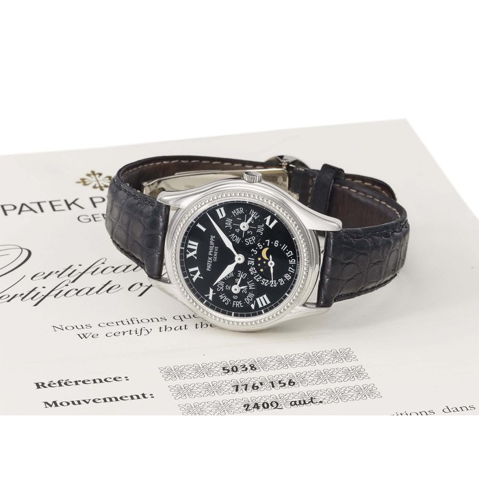 Patek Philippe. A fine and rare 18K white gold limited series automatic perpetual calendar wristwatch with moon phases SIGNED PATEK PHILIPPE, GENÈVE, REF. 5038, MOVEMENT NO. 776'156, CASE NO. 4'008'446, MANUFACTURED IN 1997
