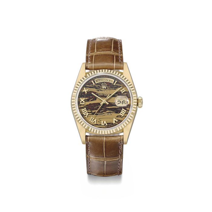 Rolex. An attractive 18K gold automatic calendar wristwatch with sweep centre seconds and beige-brown dial SIGNED ROLEX, OYSTER PERPETUAL, DAY-DATE, REF. 18238, CASE NO. E374437, MANUFACTURED IN 1991