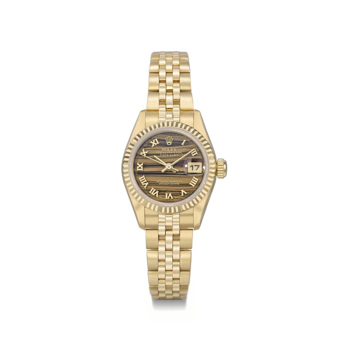 Rolex. A lady's attractive 18K gold automatic calendar wristwatch with sweep centre seconds, beige-brown dial, bracelet and Guarantee SIGNED ROLEX, OYSTER PERPETUAL, DATEJUST, REF. 69178, CASE NO. T298733, MANUFACTURED IN 1997