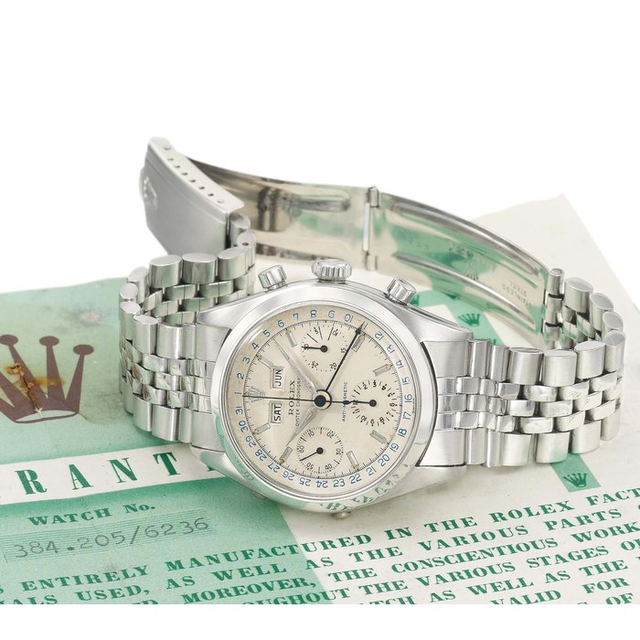 Rolex. A fine, rare and attractive stainless steel triple calendar chronograph wristwatch with two-tone silvered dial SIGNED ROLEX, OYSTER CHRONOGRAPH, ANTI-MAGNETIC, REF. 6236, CASE NO. 384'205, CIRCA 1958