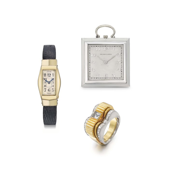 LeCoultre, Vacheron Constantin and Cartier. A lot of three gold and platinum Art Deco horological items THE FIRST SIGNED LECOULTRE, NIGHT AND DAY MODEL, CASE NO. 552'603, THE SECOND VACHERON CONSTANTIN RETAILED BY VAN CLEEF AND ARPELS, MOVEMENT NO. 397'695, CASE NO. 8'844 BY VERGER FRÈRES, PARIS, THE THIRD CARTIER, DUOPLAN MODEL, CASE NO. 25034, ALL BETWEEN 1920 AND 1940