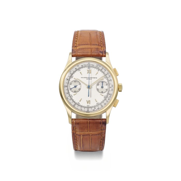 Vacheron Constantin. A fine, rare and attractive 18K gold chronograph wristwatch with two-tone silvered dial and certificate SIGNED VACHERON & CONSTANTIN, GENÈVE, REF. 4072, MOVEMENT NO. 466'437, CASE NO. 302'550, MANUFACTURED IN 1949