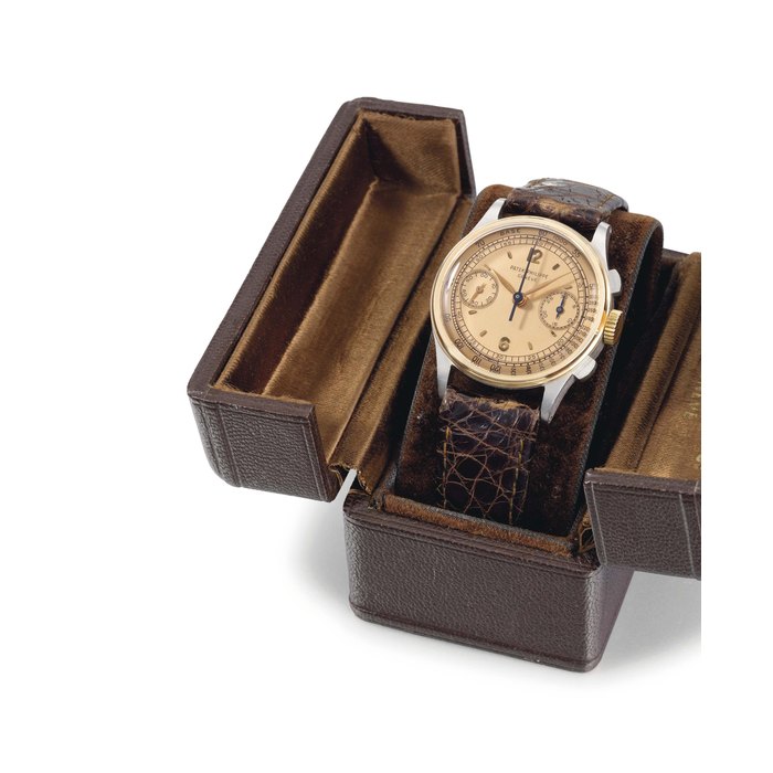 Patek Philippe. An extremely fine and rare stainless steel and 18K pink gold chronograph wristwatch with two-tone pink dial SIGNED PATEK PHILIPPE, GENÈVE, REF. 130, MOVEMENT NO. 867'185, CASE NO. 630'145, MANUFACTURED IN 1947