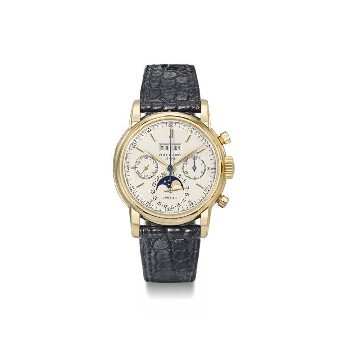Patek Philippe. An extremely fine, very important and probably unique, 18K gold perpetual calendar chronograph wristwatch with moon phases retailed by Cartier SIGNED PATEK PHILIPPE, GENÈVE, RETAILED BY CARTIER, REF. 2499, MOVEMENT NO. 869'360, CASE NO. 2'637'701, MANUFACTURED IN 1966