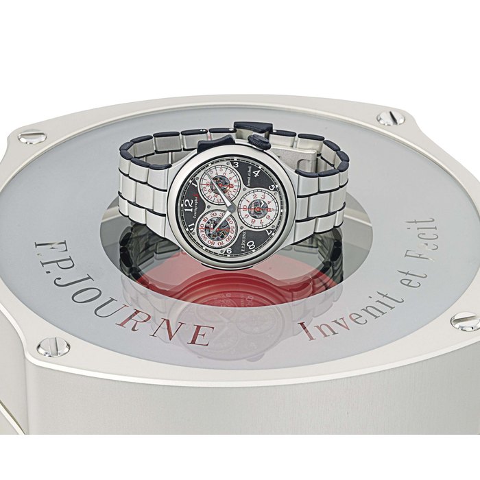 F.P. Journe. A fine and rare aluminium and rubber, scratch-resistant chronograph wristwatch with 100th of a second, 20 seconds and 10 minutes registers, patented rocker for re-set at two o'clock, power reserve, bracelet, warranty and box SIGNED F.P. JOURNE, CENTIGRAPHE SPORT, SOUVERAIN, NO. 039-CTS, CIRCA 2011