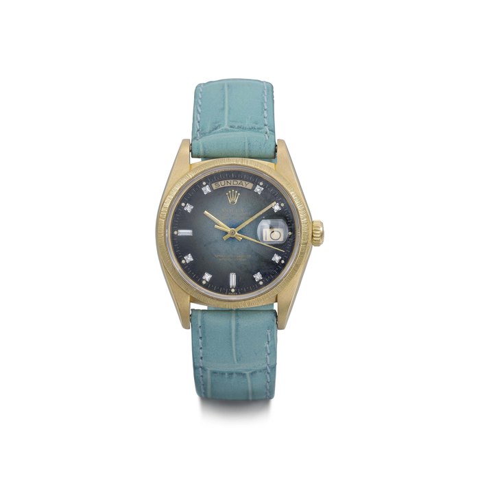Rolex. An attractive and unusual 18K gold calendar automatic wristwatch with sweep centre seconds and dial of layered green SIGNED ROLEX, OYSTER PERPETUAL, DAY-DATE, REF. 18078, CASE NO. 6'727'583, CIRCA 1981