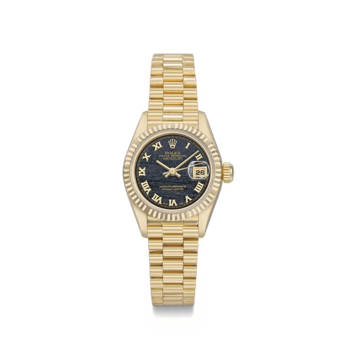 Rolex. A lady's attractive 18K gold automatic wristwatch with date, sweep centre seconds, black hardstone dial, bracelet and warranty SIGNED ROLEX, OYSTER PERPETUAL, DATEJUST, REF. 69178, MOVEMENT NO. L565627, MANUFACTURED IN 1989