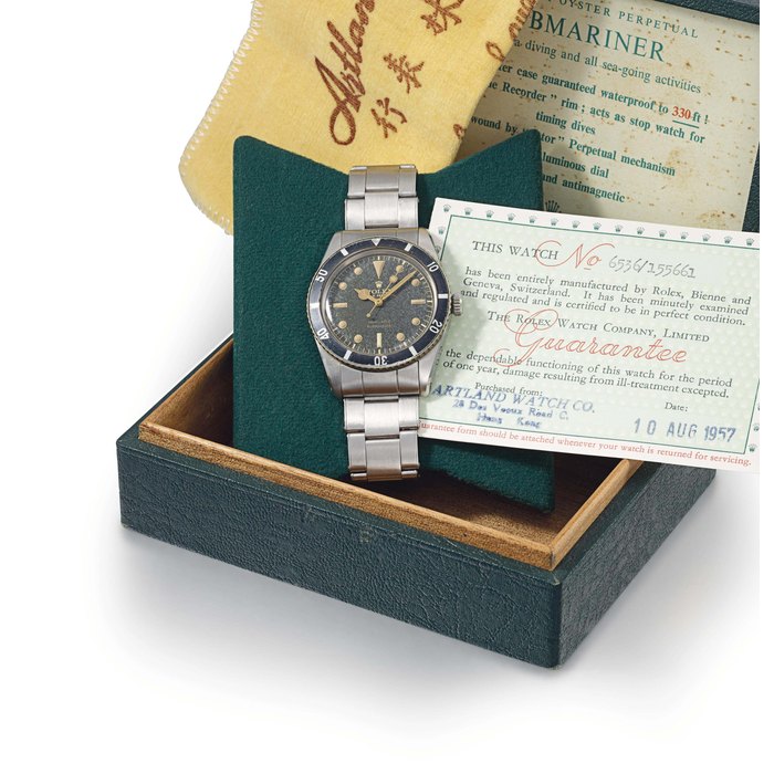 Rolex. An attractive and rare stainless steel automatic wristwatch with sweep centre seconds, bracelet, certificate and box SIGNED ROLEX, OYSTER PERPETUAL, 100M=330FT, SUBMARINER, REF. 6536-1, CASE NO. 155'661, CIRCA 1957