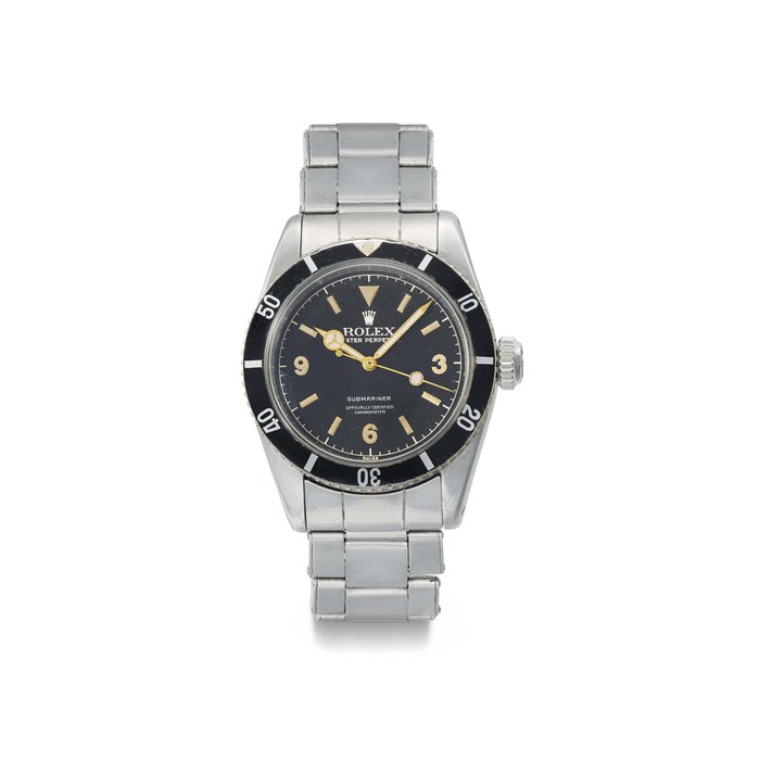 Rolex. An extremely rare stainless steel automatic wristwatch with sweep centre seconds, bracelet and "Explorer Dial" SIGNED ROLEX, OYSTER PERPETUAL, SUBMARINER, REF. 6200, CASE NO. 32'021, CIRCA 1954