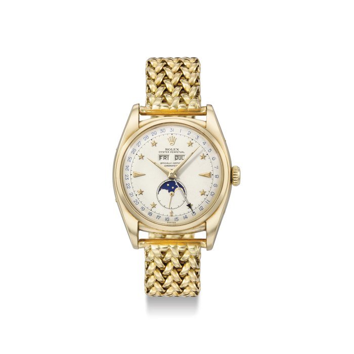 Rolex Rolex. A very rare, attractive and important 18K gold automatic triple calendar wristwatch with moon phases, bracelet and star dial SIGNED ROLEX, OYSTER PERPETUAL, OFFICIALLY CERTIFIED CHRONOMETER, REF. 6062, CASE NO. 916'310, MANUFACTURED IN 1952 · 6062