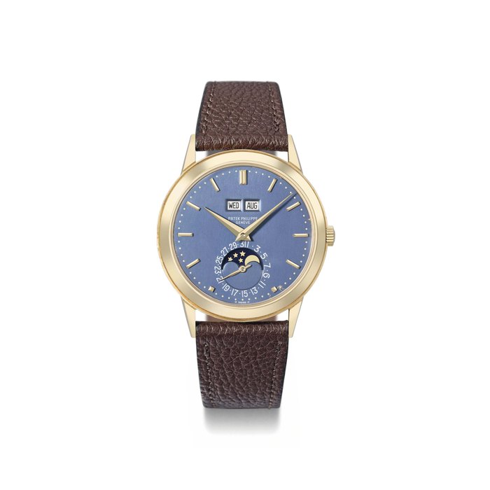 Patek Philippe. An extremely fine and possibly unique 18K gold automatic perpetual calendar wristwatch with moon phases and blue dial SIGNED PATEK PHILIPPE, GENÈVE, REF. 3448, MOVEMENT NO. 1'119'531, CASE NO. 332'879, MANUFACTURED IN 1978