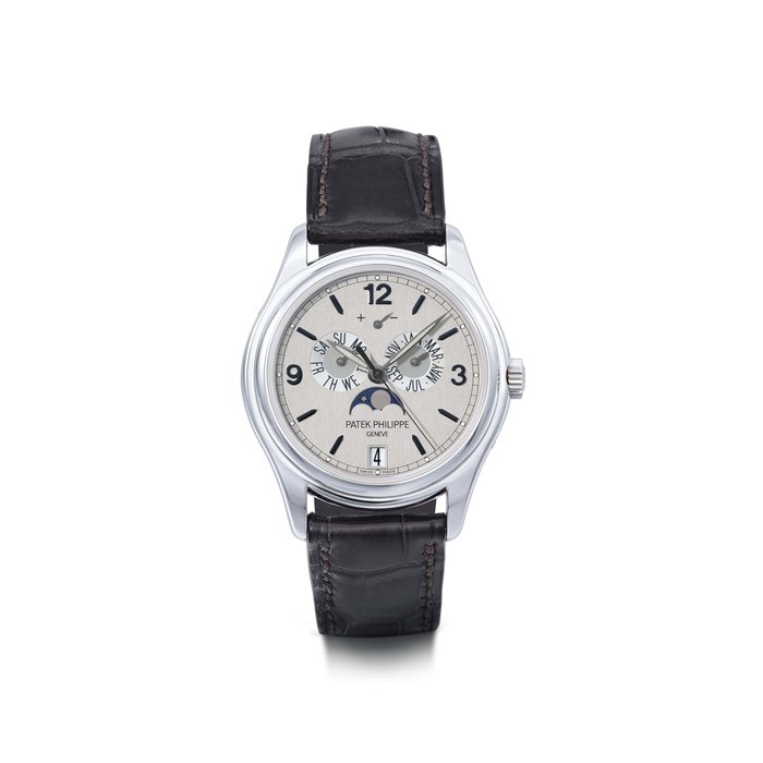 Patek Philippe. A fine and rare 18K white gold limited edition automatic annual calendar wristwatch with sweep centre seconds, power reserve indication, moon phases, silicon escape wheel, original certificate and box SIGNED PATEK PHILIPPE, GENEVE, ADVANCED RESEARCH, ANNUAL CALENDAR MODEL, REF. 5250, MOVEMENT NO. 3'636'085, CASE NO. 4'339'186, CIRCA 2005