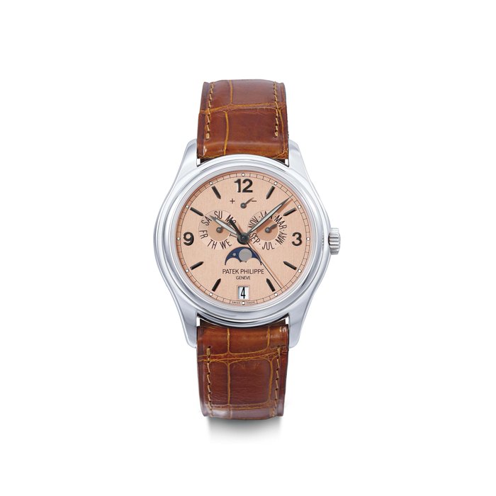 Patek Philippe. A fine and rare platinum limited edition automatic annual calendar wristwatch with sweep centre seconds, power reserve, moon phases, Silinvar Spiromax balance and Pulsomax escapement, original box and certificate SIGNED PATEK PHILIPPE, GENEVE, REF. 5450, MOVEMENT NO. 3'900'317, CASE NO. 4'700'535, CIRCA 2008