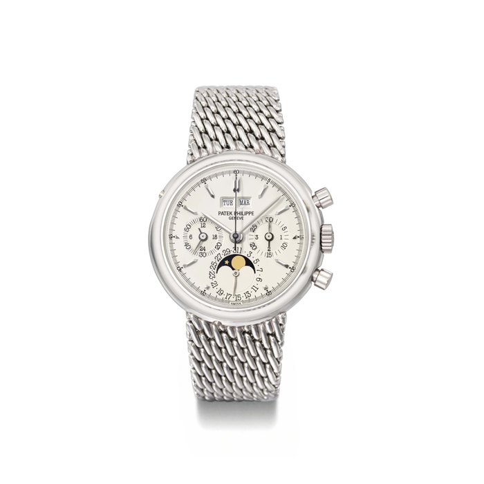 Patek Philippe. A very fine and rare platinum perpetual calendar chronograph wristwatch with moon phases and bracelet SIGNED PATEK PHILIPPE, GENÈVE, REF. 3970/2, MOVEMENT NO. 876'509, CASE NO. 2'887'010, MANUFACTURED IN 1993