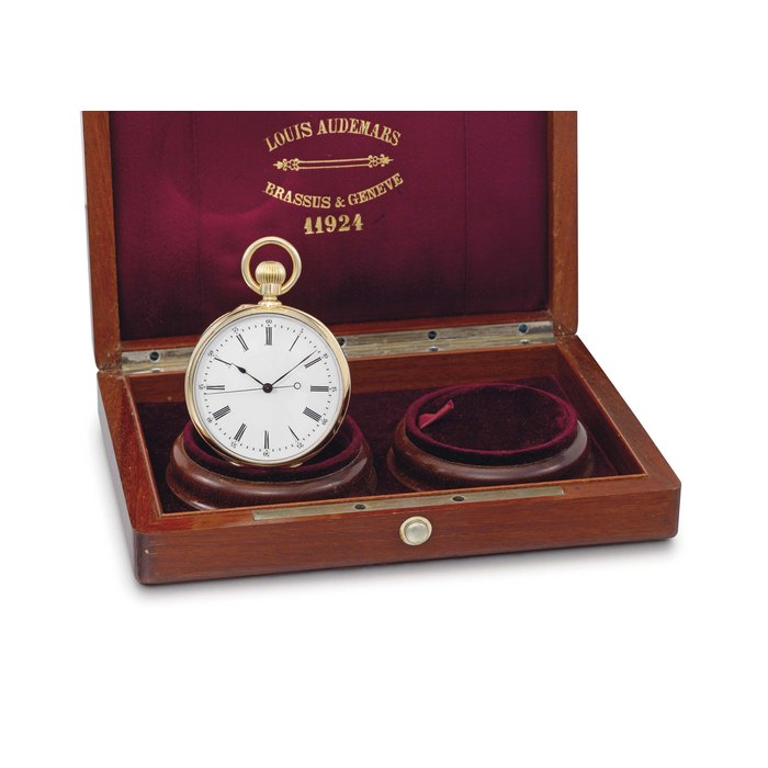 Louis Audemars. A fine and rare 18K gold openface two train independent dead centre seconds keyless lever watch with original box SIGNED LS. AUDEMARS, BRASSUS & GENÈVE, NO. 11924, CIRCA 1872