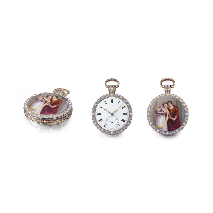 Bovet. A very fine, large and impressive 18K gold, enamel and pearl-set openface duplex watch with enamel attributed to Dupont, made for the Chinese Market SIGNED BOVET, LONDON, NO. 274, CIRCA 1820