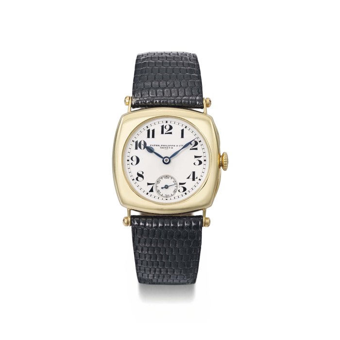 Patek Philippe. A fine, rare and early 18K gold cushion-shaped wristwatch with enamel dial SIGNED PATEK PHILIPPE & CIE., GENÈVE, MOVEMENT NO. 814'636, CASE NO. 291'508, MANUFACTURED IN 1927