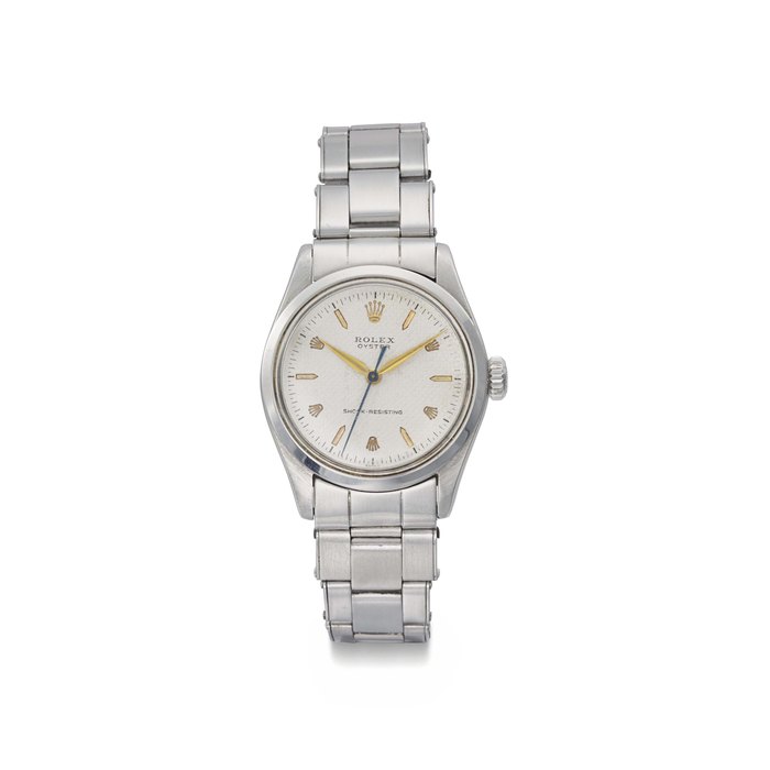 Rolex Rolex. A rare stainless steel wristwatch with sweep centre seconds, textured dial and bracelet SIGNED ROLEX, OYSTER, SHOCK-RESISTING, REF. 6244, CASE NO. 836'438, CIRCA 1959, Price & Market Data