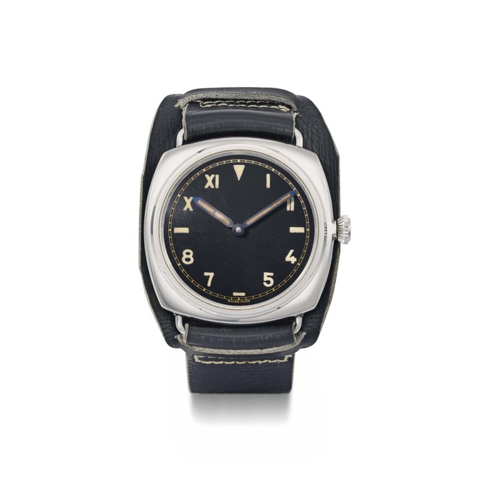 Rolex made for Officine Panerai. An extremely rare, large and attractive stainless steel water-resistant diver's wristwatch with black lacquer "California" dial "CALIFORNIA DIAL REF. 3636" MODEL, CASE NO. 261078, CIRCA 1940
