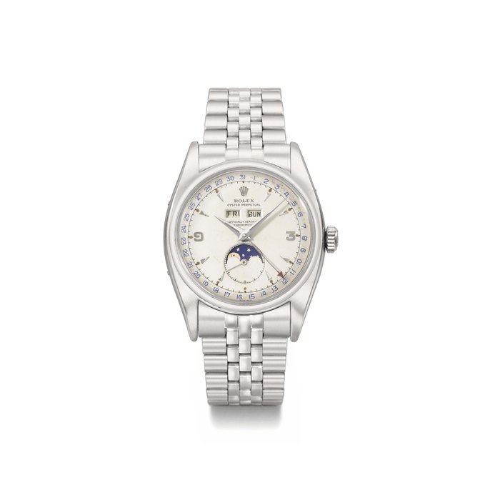 Rolex Rolex. A very fine and rare stainless steel automatic triple calendar wristwatch with moon phases and bracelet SIGNED ROLEX, OYSTER PERPETUAL, REF. 6062, MOVEMENT NO. 10316, CASE NO. 942'664, MANUFACTURED IN 1953 · 6062