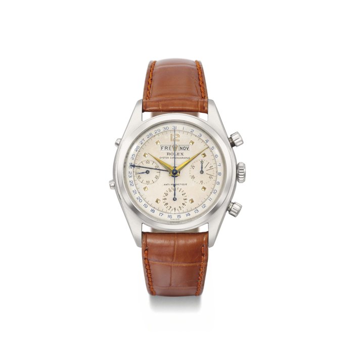 Rolex. A very rare and attractive stainless steel triple calendar chronograph wristwatch with two-tone silvered dial SIGNED ROLEX, OYSTER CHRONOGRAPHE, ANTI-MAGNETIC, REF. 6036, CASE NO. 847'074, MANUFACTURED IN 1951