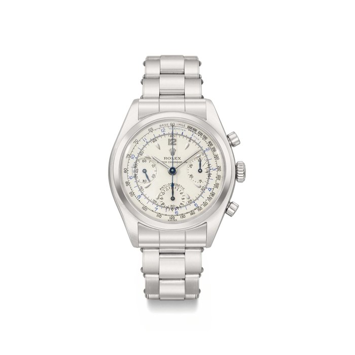 Rolex. A fine and attractive stainless steel chronograph wristwatch with bracelet SIGNED ROLEX, OYSTER CHRONOGRAPH, ANTI-MAGNETIC, REF. 6034, CASE NUMBER 907'770, MANUFACTURED IN 1952