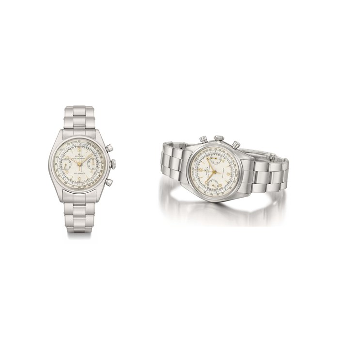 Rolex. A fine and rare stainless steel chronograph wristwatch with bracelet SIGNED ROLEX, OYSTER CHRONOGRAPH, ANTI-MAGNETIC, REF. 4500, CASE NO. 497'463, CIRCA 1946