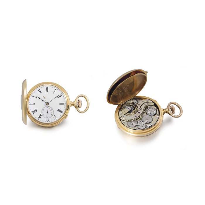 Patek Philippe Patek Philippe. A very fine and rare, early 18K pink gold half-hunter case two train independent dead beat centre seconds keyless lever watch SIGNED PATEK PHILIPPE & CO., GENÈVE, ON THE CUVETTE, MOVEMENT AND CASE NO. 48'469, MANUFACTURED IN 1882, Price & Market Data