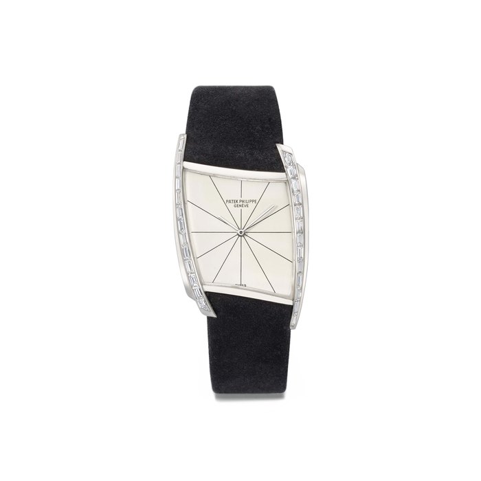 Patek Philippe. An extremely fine and rare platinum asymmetrical diamond-set wristwatch, designed by Gilbert Albert SIGNED PATEK PHILIPPE, GENÈVE, REF. 3424/1, MOVEMENT NO. 857'262, CASE NO. 2'615'170, MANUFACTURED IN 1961