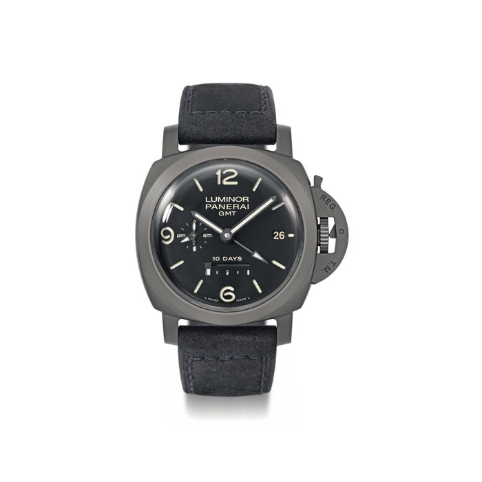 Panerai. A large ceramic and titanium cushion-shaped automatic dual time wristwatch with 10 days power reserve and date SIGNED PANERAI, LUMINOR, GMT, 10 DAYS, LUMINOR 1950 10 DAYS GMT CERAMICA MODEL, NO. O 203/0500, REF. PAM00335, CASE MODEL NO. OP6886, MOVEMENT NO. 011573, SEQUENTIAL CASE NUMBER BB1512821, MANUFACTURED IN 2013