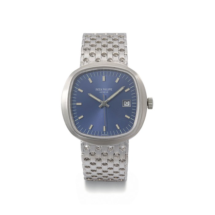 Patek Philippe. A very rare and oversized 18K white gold cushion-shaped electronic wristwatch with sweep centre seconds, date, hack feature and bracelet SIGNED PATEK PHILIPPE, GENEVE, REF. 3587/2, MOVEMENT NO. 5'873, CASE NO. 2'699'713, MANUFACTURED IN 1971