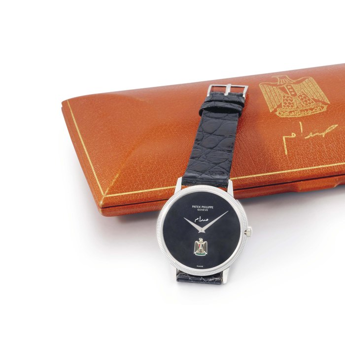 Patek Philippe. A fine and rare 18K white gold automatic wristwatch, with the Iraqi Eagle and original box SIGNED PATEK PHILIPPE, GENÈVE, REF. 3590, MOVEMENT NO. 1'284'537, CASE NO. 2'758'603, MANUFACTURED IN 1973