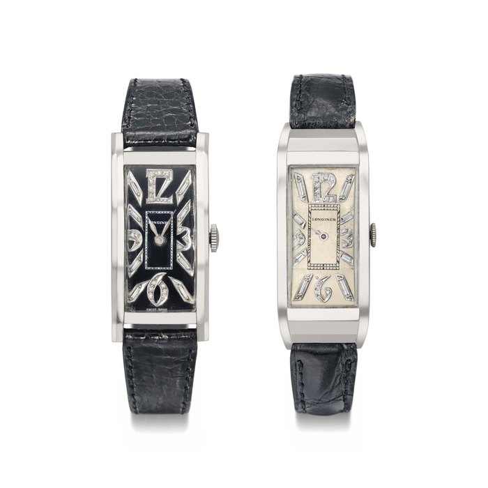 Longines. A lot of two platinum and diamond-set rectangular curved wristwatches SIGNED LONGINES, THE FIRST WITH MOVEMENT NO. 5'962'900, THE SECOND WITH MOVEMENT NO. 3'456'107, MANUFACTURED IN 1940 AND 1919