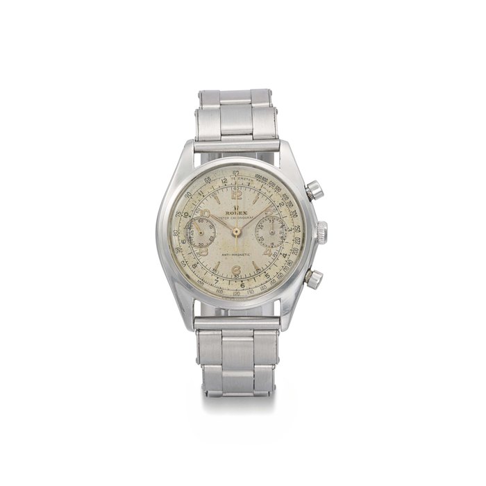 Rolex. A fine and rare stainless steel chronograph wristwatch with bracelet SIGNED ROLEX, OYSTER CHRONOGRAPH, ANTI-MAGNETIC, REF. 4500, CASE NO. 497'587, CIRCA 1945