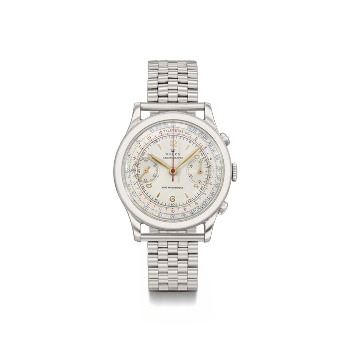 Rolex. A rare and early stainless steel chronograph wristwatch with bracelet and box SIGNED ROLEX, ANTI-MAGNETIC, CHRONOGRAPHE, REF. 2508, CASE NO. 034'609, MANUFACTURED IN 1937