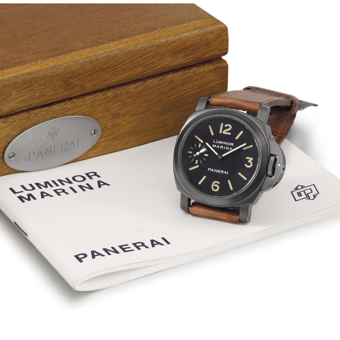 Panerai. A large and very rare titanium-nitrate treated stainless steel cushion-shaped wristwatch with Certificate, mahogany box and book SIGNED PANERAI, LUMINOR MARINA, NO. 0093, REF. 5218-203/A, CASE NO. 6047, CIRCA 1994