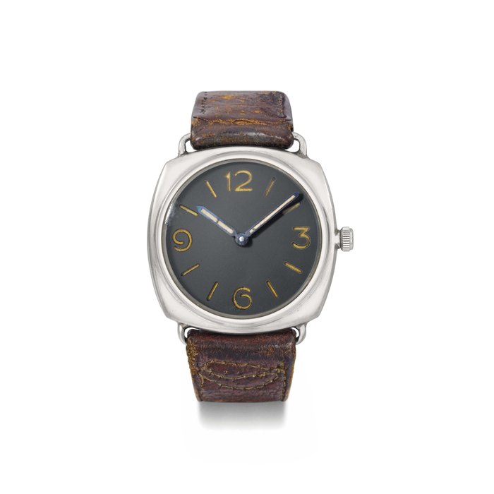 Rolex made for Officine Panerai. An extremely rare and large stainless steel cushion-shaped diver's wristwatch with early unsigned dial SIGNED PANERAI AND ROLEX S.A., REF. 3646, CASE NO. 260'628, MANUFACTURED IN 1943
