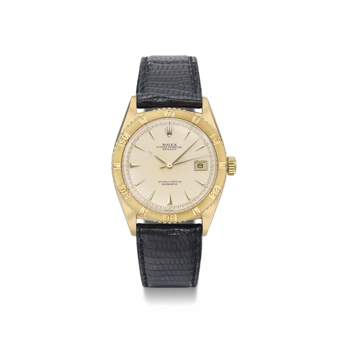 Rolex. An 18K gold automatic wristwatch with sweep centre seconds, date and "Thunderbird" bezel and cream dial SIGNED ROLEX, OYSTER PERPETUAL, DATEJUST, TURNO-O-GRAPH, REF. 6309, CASE NO. 28413, CIRCA 1956