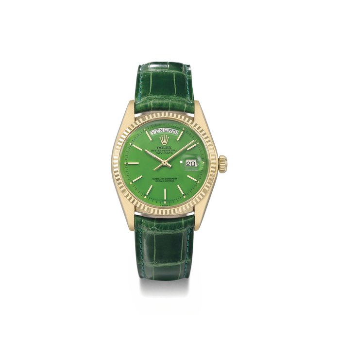 Rolex. An attractive 18K gold automatic calendar wristwatch with sweep centre seconds and green lacquered dial SIGNED ROLEX, OYSTER PERPETUAL, DAY-DATE, REF. 1803, CASE NO. 5'016'566, MANUFCTUERD IN 1976