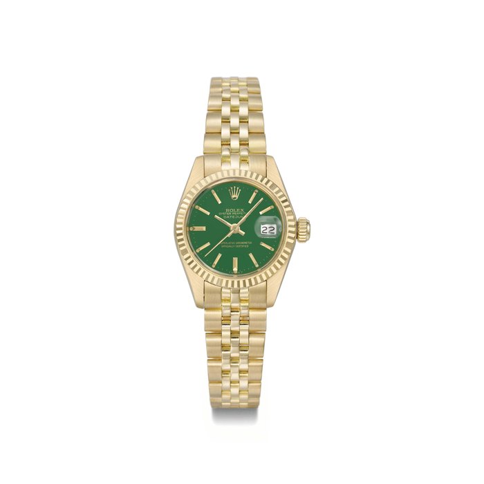 Rolex. A lady's attractive 18K gold automatic calendar wristwatch with sweep centre seconds, green lacquered dial and bracelet SIGNED ROLEX, OYSTER PERPETUAL, DATEJUST, REF. 6917, MOVEMENT NO. 5'092'132, MANUFACTURED IN 1977