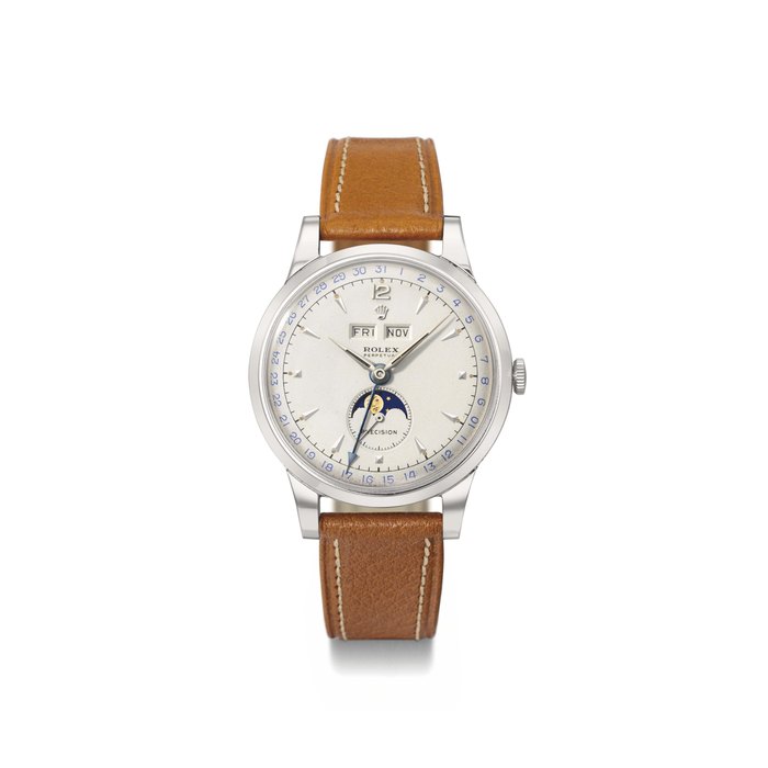 Rolex. A fine, rare and large stainless steel automatic triple calendar wristwatch with moon phases with box SIGNED ROLEX, PERPETUAL, PRECISION, REF. 8171, MOVEMENT 67'129, CASE NO. 686'453, CIRCA 1950