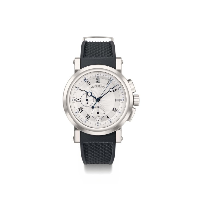 Breguet. A fine and large 18K white gold automatic flyback chronograph wristwatch with date SIGNED BREGUET, HORLOGER DE LA MARINE, MARINE MODEL, REF. 5827, CASE NO. 960 AA, MOVEMENT NO. 0148337, CASE NO. 5077AD, CIRCA 2007