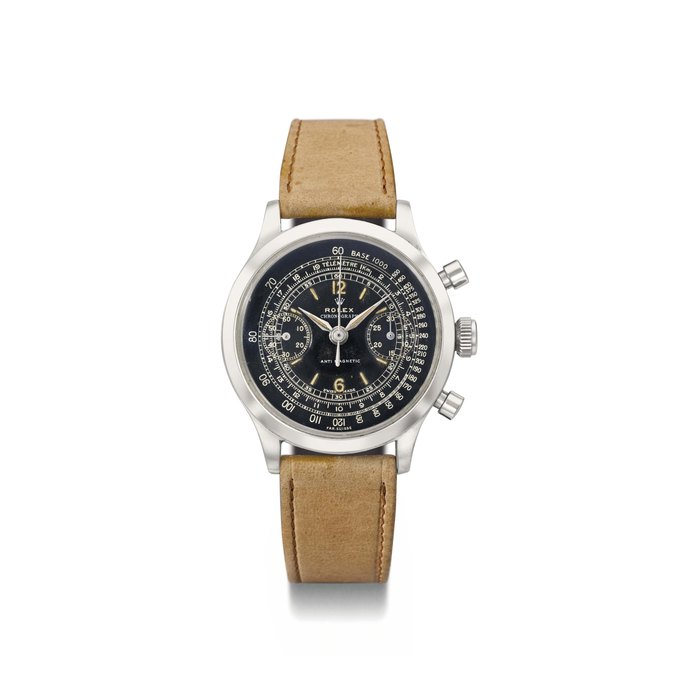 Rolex. A fine and rare stainless steel chronograph wristwatch with black lacquer dial, luminous numerals and hands SIGNED ROLEX, CHRONOGRAPH, ANTI-MAGNETIC, REF. 3525, CASE NO. 386'371, MANUFACTURED IN 1945