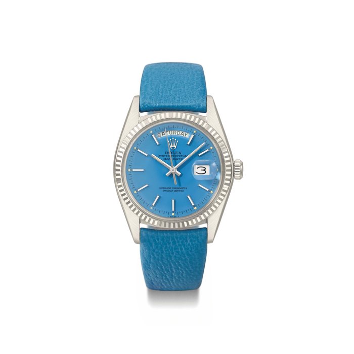 Rolex. An attractive 18K white gold automatic calendar wristwatch with sweep centre seconds and blue lacquered dial SIGNED ROLEX, OYSTER PERPETUAL, DAY-DATE, REF. 1803, CASE NO. 5'345'452, CIRCA 1972