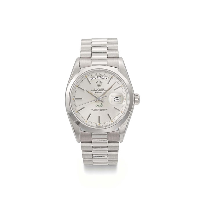 Rolex. A rare and very attractive 18K white gold automatic calendar wristwatch with sweep centre seconds, made for the Sultanate of Oman SIGNED ROLEX, OYSTER PERPETUAL, DAY-DATE, REF. 1802, CASE NO. 3'795'515, MANUFACTURED IN 1974