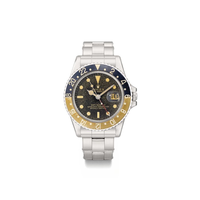 Rolex. An attractive stainless steel dual time wristwatch with sweep centre seconds, date, bracelet and box SIGNED ROLEX, OYSTER PERPETUAL, GMT-MASTER, SUPERLATIVE CHRONOMETER, OFFICIALLY CERTIFIED, REF. 1675, CASE NO. 1'294'253, MANUFACTURED IN 1966