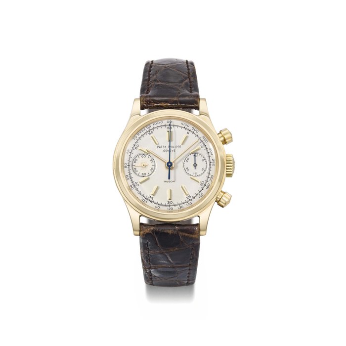 Patek Philippe. A very fine, rare and attractive 18K gold chronograph wristwatch, retailed by Trucchi SIGNED PATEK PHILIPPE, GENÈVE, RETAILED BY TRUCCHI, NAPOLI, REF. 1463, MOVEMENT NO. 869'210, CASE NO. 2'647'872, MANUFACTURED IN 1966