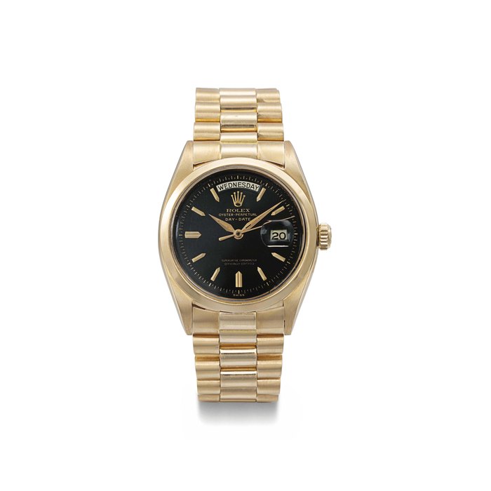 Rolex. An attractive and rare 18K pink gold automatic calendar wristwatch with sweep centre seconds, black lacquered dial and bracelet SIGNED ROLEX, OYSTER PERPETUAL, DAY-DATE, REF. 6612B, CASE NO. 395'916, CIRCA 1958