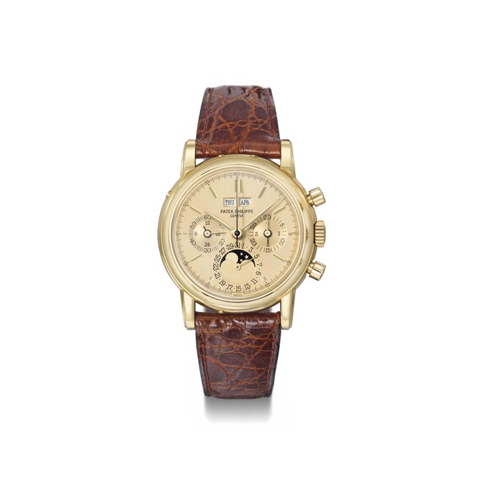 Patek Philippe. A very fine and very rare 18K gold perpetual calendar chronograph wristwatch with moon phases and original certificate SIGNED PATEK PHILIPPE, GENÈVE, REF. 3971, MOVEMENT NO. 875'504, CASE NO. 2'856'553, CIRCA 1989